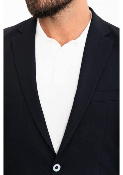 Çizgili Lacivert Slim Fit Mono Yaka Erkek Ceket