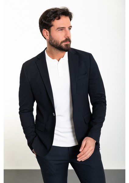 Çizgili Lacivert Slim Fit Mono Yaka Erkek Ceket
