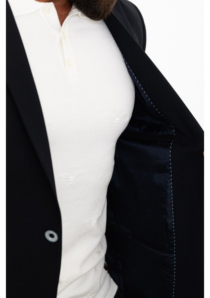 Çizgili Lacivert Slim Fit Mono Yaka Erkek Ceket