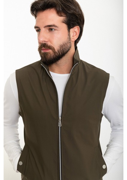 Düz Haki Slim Fit Hakim Yaka Erkek Yelek fırsatları