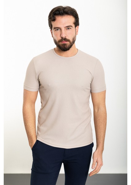 Desenli Bej Slim Fit Bisiklet Yaka Erkek T-Shirt