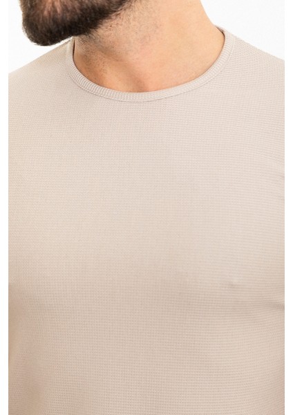 Desenli Bej Slim Fit Bisiklet Yaka Erkek T-Shirt fiyatları