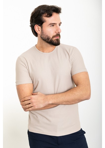 Desenli Bej Slim Fit Bisiklet Yaka Erkek T-Shirt modelleri