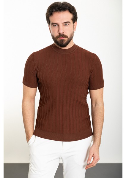 Çizgili Kiremit Slim Fit Yarım Balıkçı Yaka Erkek Triko T-Shirt