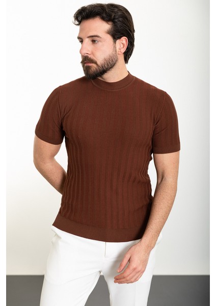 Çizgili Kiremit Slim Fit Yarım Balıkçı Yaka Erkek Triko T-Shirt modelleri