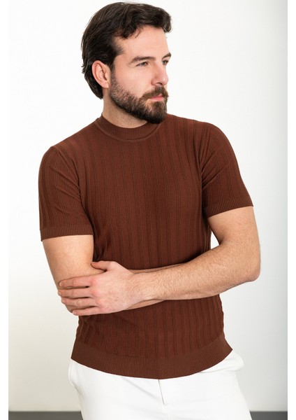 Çizgili Kiremit Slim Fit Yarım Balıkçı Yaka Erkek Triko T-Shirt fırsatları