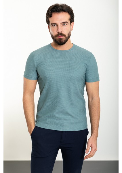 Desenli Açık Yeşil Slim Fit Bisiklet Yaka Erkek T-Shirt