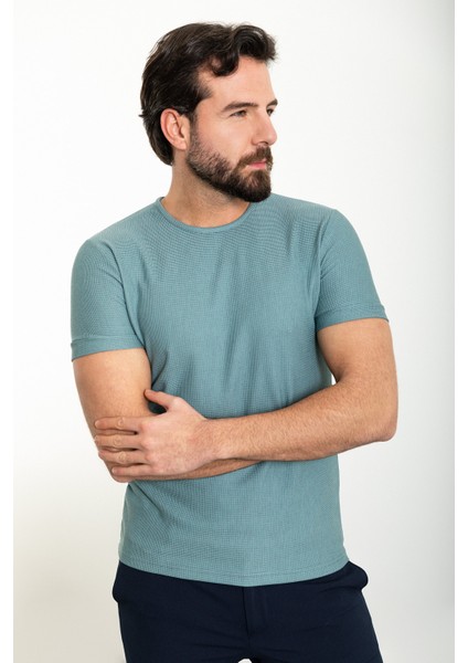 Desenli Açık Yeşil Slim Fit Bisiklet Yaka Erkek T-Shirt modelleri