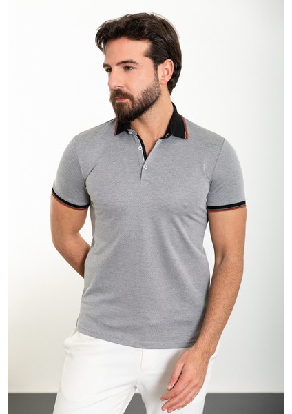 Düz Gri Slim Fit Polo Yaka Erkek T-Shirt