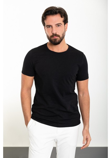 Düz Siyah Slim Fit Bisiklet Yaka Erkek T-Shirt