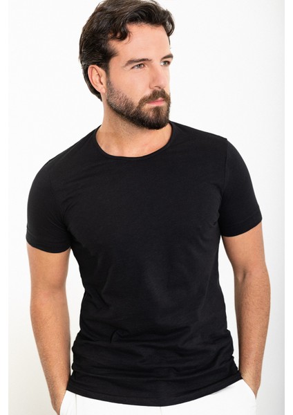 Düz Siyah Slim Fit Bisiklet Yaka Erkek T-Shirt modelleri