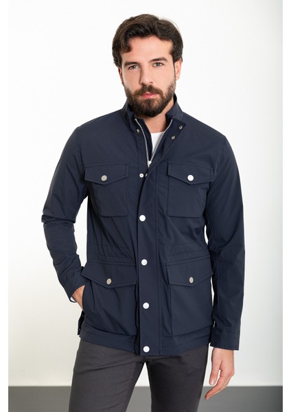 Düz Lacivert Slim Fit Torba Cep Hakim Yaka Erkek Trenchcoat
