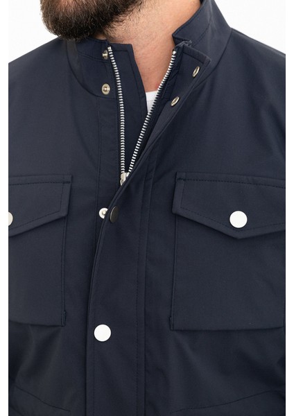Düz Lacivert Slim Fit Torba Cep Hakim Yaka Erkek Trenchcoat
