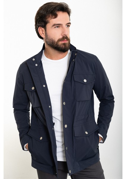 Düz Lacivert Slim Fit Torba Cep Hakim Yaka Erkek Trenchcoat