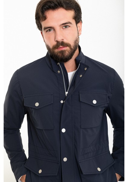 Düz Lacivert Slim Fit Torba Cep Hakim Yaka Erkek Trenchcoat
