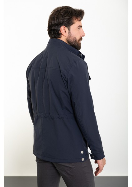 Düz Lacivert Slim Fit Torba Cep Hakim Yaka Erkek Trenchcoat
