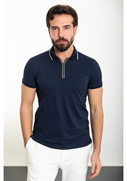 Düz Lacivert Slim Fit Fermuarlı Polo Yaka Erkek T-Shirt