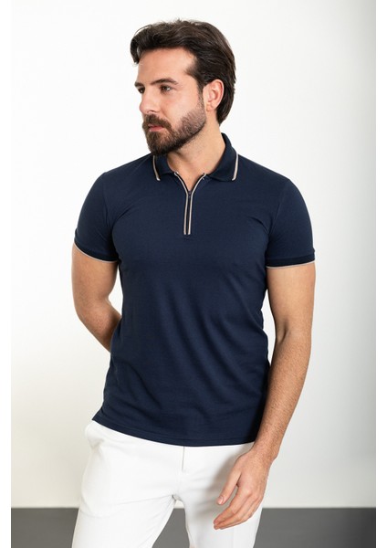 Düz Lacivert Slim Fit Fermuarlı Polo Yaka Erkek T-Shirt