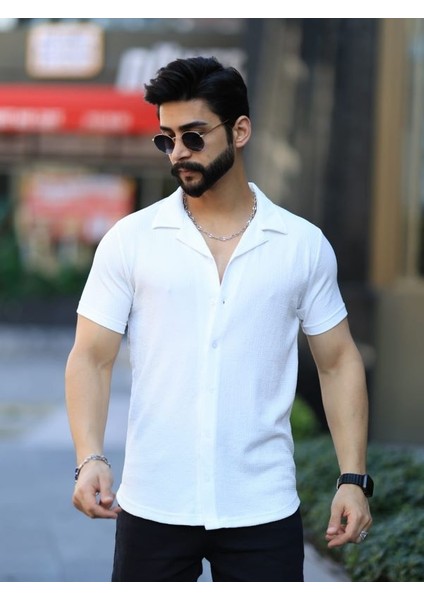 Düz Renk Dokulu Düğmeli Kısa Kollu Apaş Yazlık Gömlek