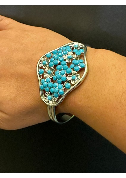 El Işleme Doğal Taş Boncuklu Etnik Kadın Çelik Kelepçe Bileklik