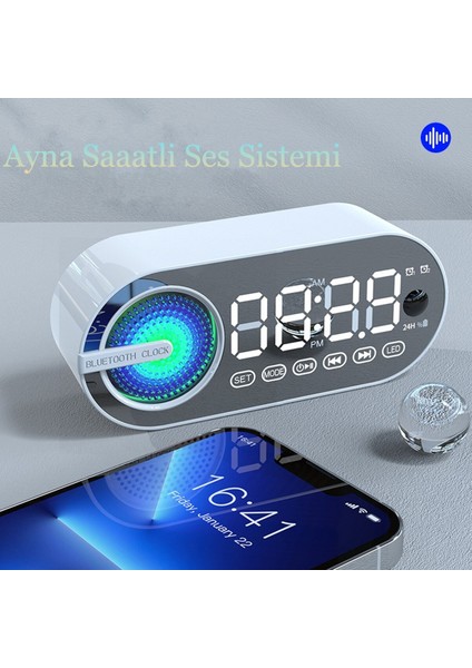 Sessiz Kablosuz LED Dijital Saat Ayna Bluetooth Hoparlör Fm Radyo Oturma Yatak Odası Ofis