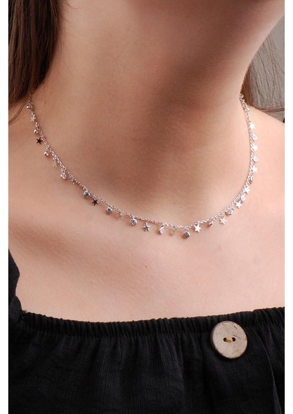 Yıldız Temalı Gümüş Choker, Zarif ve Şık Takı, 925 Ayar, Doğal Taş, Gümüş Renk