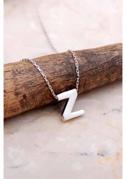 Z Harfi Rodyumlu Gümüş Kolye 925 Ayar, doğal taş, şık ve zarif tasarım