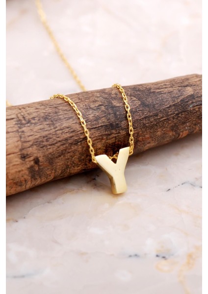 Y harfi kaplama gümüş kolye, zarif ve şık takı, doğal taş detaylı, altın rengi, 925 ayar