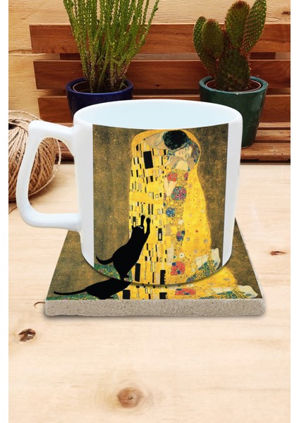 Kediler ve Sanat/gustav Klimt The Kiss Set 10 - Yelken Fincan Kupa-Taş Bardak Altlığı 4