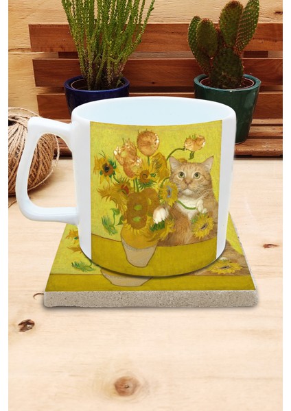 Kediler ve Sanat/van Gogh Set 10 - Vase With Fifteen Sunflowers (Onbeş Ayçiçekli Vazo) Yelken Fincan Kupa-Taş Bardak Altlığı 10
