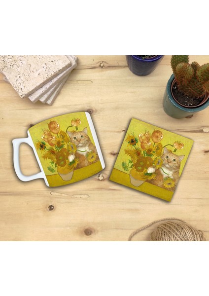 Kediler ve Sanat/van Gogh Set 10 - Vase With Fifteen Sunflowers (Onbeş Ayçiçekli Vazo) Yelken Fincan Kupa-Taş Bardak Altlığı 10
