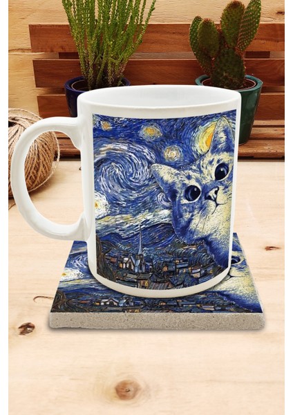 Kediler ve Sanat/van Gogh Yıldızlı Gece The Starry Night Set 8 - Standart Kupa-Taş Bardak Altlığı 7