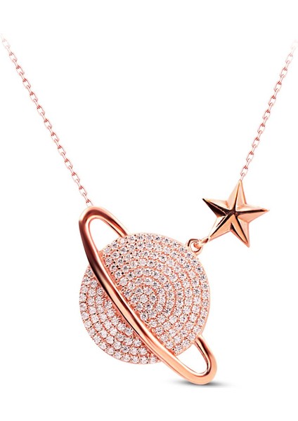 925 Ayar Gümüş Pembe Taşlı Saturn Gezegen Kolye