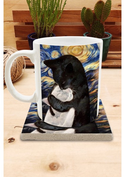 Kediler ve Sanat/van Gogh Yıldızlı Gece The Starry Night Set 8 - Standart Kupa-Taş Bardak Altlığı 4