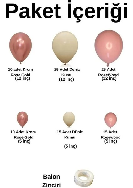 Rose Gold Krom Deniz Kumu Rosewood 100LÜ Balon Seti fiyatları