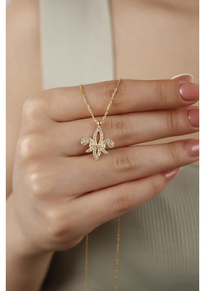 925 Ayar Gümüş Zambak Kolye, Zarif ve Şık Takı, Zirkon Taş, Altın Renk