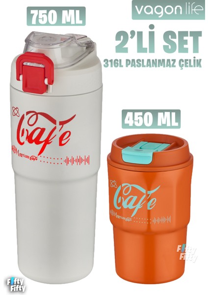 2'li Çelik Termos-Kahve Bardağı Seti 750ML Çift Kullanım Termos//450ML Mug Kahve Bardağı