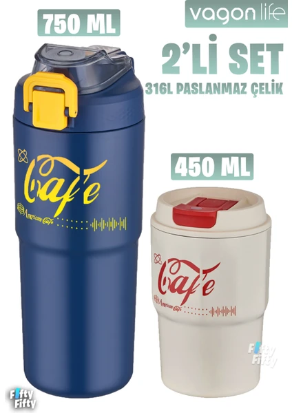 2'li Çelik Termos-Kahve Bardağı Seti 750ML Çift Kullanım Termos//450ML Mug Kahve Bardağı