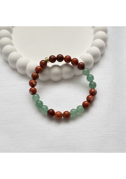 Doğal Taş Bileklik Şans ve Kararlılık Erkek Bilekliği Aventurin Kırmızı Jasper 8 mm Esnek Misinalı