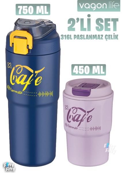 2'li Çelik Termos-Kahve Bardağı Seti 750ML Çift Kullanım Termos//450ML Mug Kahve Bardağı