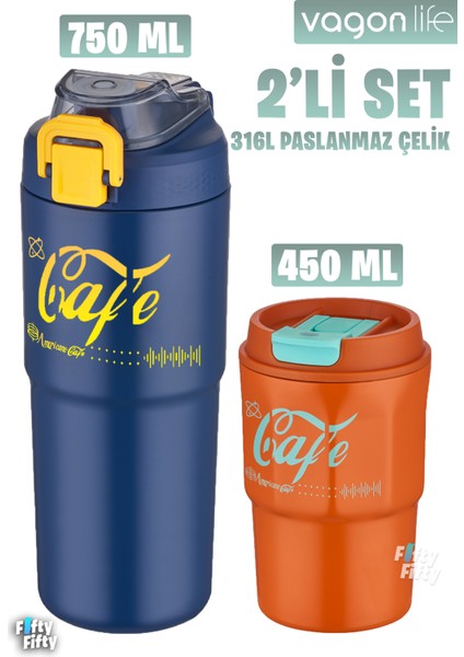 2'li Çelik Termos-Kahve Bardağı Seti 750ML Çift Kullanım Termos//450ML Mug Kahve Bardağı