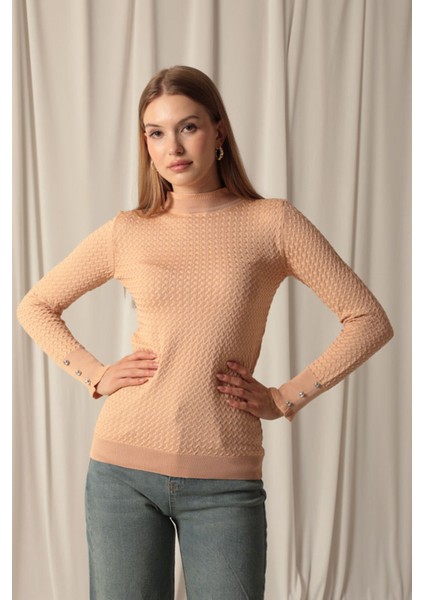 Kolları düğme Detaylı Ve triko Kumaş desenli Uzun Kollu Balıkçı Yakalı kadın standart Bluz Camel