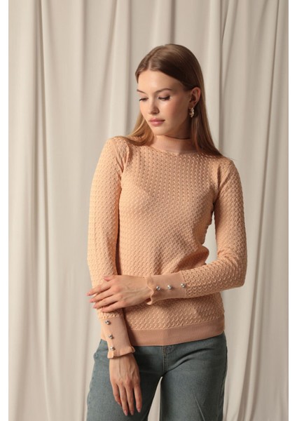 Kolları düğme Detaylı Ve triko Kumaş desenli Uzun Kollu Balıkçı Yakalı kadın standart Bluz Camel