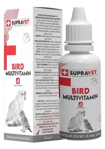 Supravet Plus Kanarya Papağan Güvercin ve Muhabbet Kuşları Için Multivitamin Damla 30 ml - SUP042