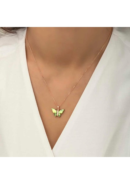 Gümüş Rose Yeşil Kaplangözü Taşlı Kelebek Kolye fiyatları