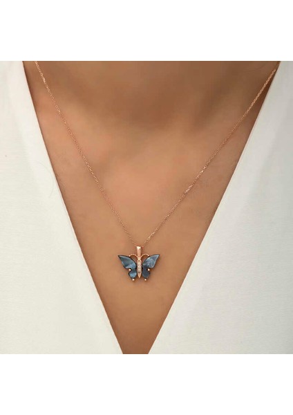 Gümüş Rose Antrasit Kaplangözü Taşlı Kelebek Kolye modelleri