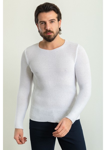 Lase Beyaz Slim Fit Bisiklet Yaka Uzun Kollu Erkek Triko
