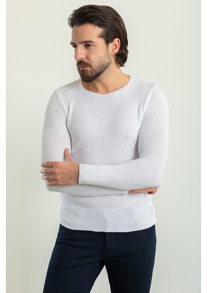 Lase Beyaz Slim Fit Bisiklet Yaka Uzun Kollu Erkek Triko modelleri