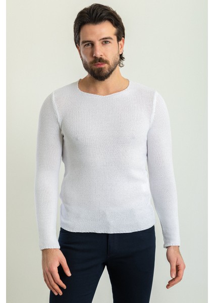 Lase Beyaz Slim Fit Bisiklet Yaka Uzun Kollu Erkek Triko fırsatları
