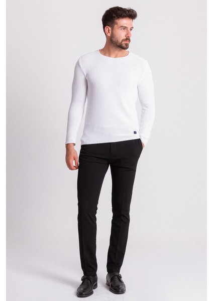 Lase Beyaz Slim Fit Bisiklet Yaka Uzun Kollu Erkek Triko indirimleri